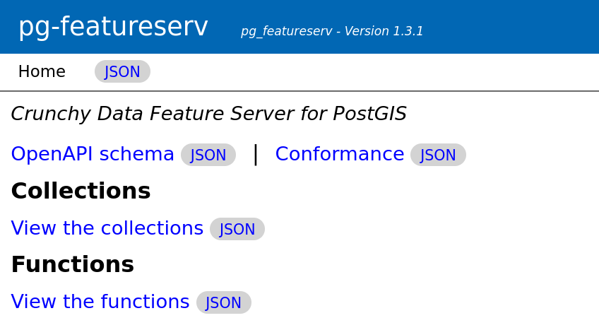 Tela inicial do pg_featureserv mostrando OpenAPI schema, conformance, collections e functions. Botão de JSON ao lado direito de cada uma delas.	