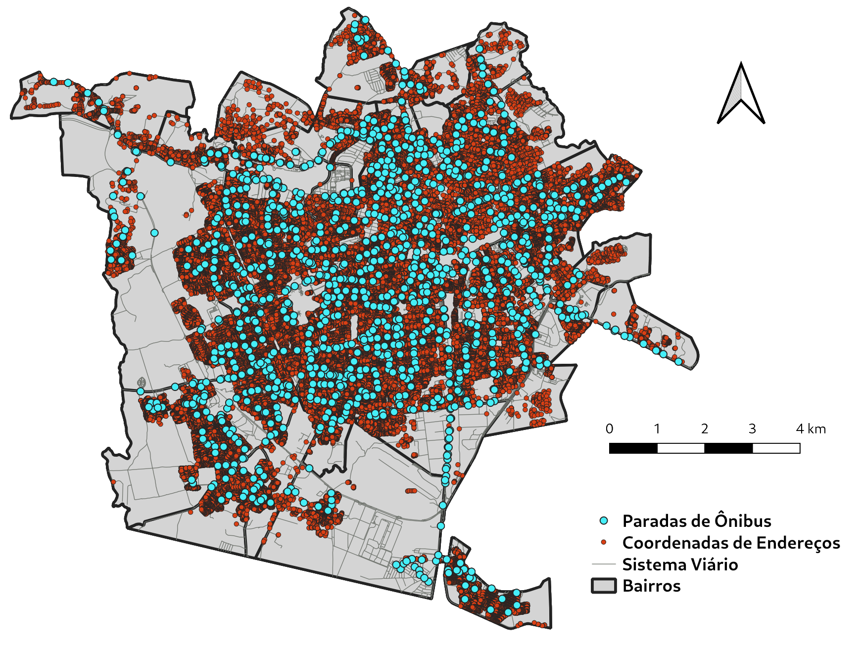 Mapa da zona urbana do município de Campina Grande, na Paraíba. Em cor cinza claro com bordas pretas grossas estão representados os bairros. Em linhas finas de cor cinza o sistema viário. Pontos de cor azul claro neon com borda preta representam paradas de ônibus e pontos de cor vermelha com borda pra representam endereços (domicílios ou estabelecimentos) coletados no Censo. Há muito mais pontos vermelhos do que azuis. No canto inferior direito há a legenda explicando os dados e no canto superior esquerdo uma escala dividida de quilômetro em quilômetro com uma seta de norte em vermelho claro.